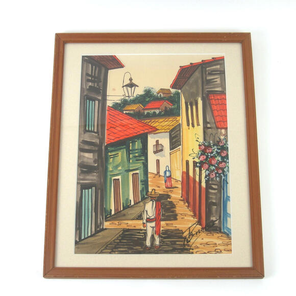 Gouache Watercolor Painting Mexican Village Signed G Rosales 12x10 Vintage 1950s
